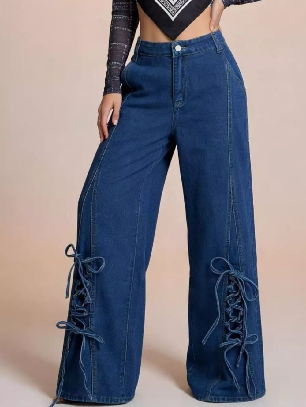 Lace-Up Wide Leg Jeans - Picture 3 of 8